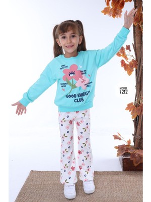 Pjk2i Çiçek Desenli Yeşil Fitilli Taytlı 2 Ip %100 Pamuk Kız Çocuk Takımı 3-10 Yaş 7212-Y