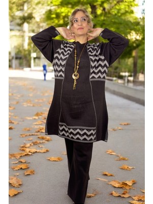 Yagmur Beren Zik Zak Desenli Aksesuar Detay Mini Yırtmaçlı Uzun Kazak  Akrilik Büyük Beden Alt Üst Takım