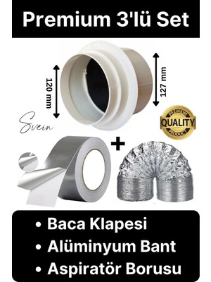 Svein Premium Alüminyum Bant Aspiratör Borusu Seti 2 mt x 127 mm Folyo Yanmaz Sızdırmaz Baca Klapesi