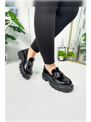 Nstil Günlük Kadın Loafer V Tokalı Kalın Topuklu Tırtıklı Tabanlı Oval Burunlu Makosen Ayakkabı 7455 - 7453