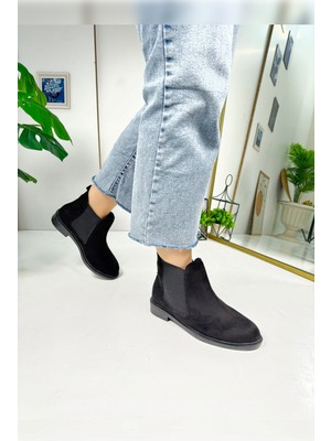 Nstil  Günlük Kadın Siyah Bot Kalın Oval Burunlu Lastikli Alçak Topuklu Tırtıklı Taban Kısa  Bootie  387
