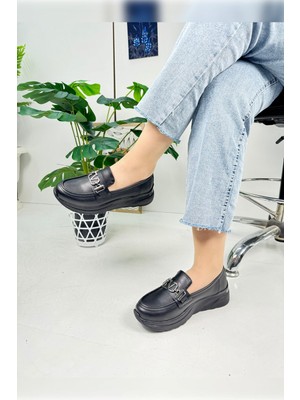 Nstil Günlük Kadın Loafer V Tokalı Kalın Topuklu Tırtıklı Tabanlı Oval Burunlu Makosen Ayakkabı 7697