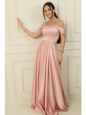 Askılı Taş Detaylı Kare Yaka Astarlı Uzun Saten Elbise