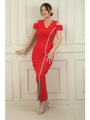 Kadın V Yaka Düşük Kollu Önü Büzgülü Parlak Şerit Detaylı Uzun Krep Elbise