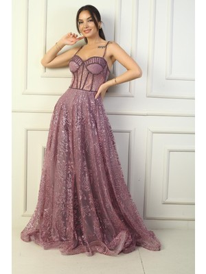 By Saygı Kadın Ip Askılı Boncuk Detaylı Pul Işlemeli Astarlı Uzun Abiye Elbise