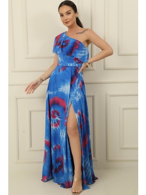 Tek Omuz Astarlı Yırtmaçlı Empirme Uzun Şifon Elbise