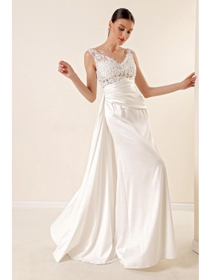 Üstü Boncuklu Güpür Transparan Drapeliastarlı Uzun Saten Elbise