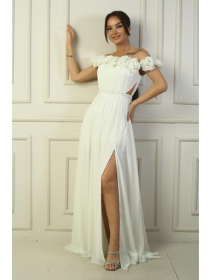 By Saygı Kadın Yakası Lazer Kesim Çiçek Astarlı Beli Kemerli Uzun Şifon Elbise