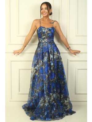 Ip Askılı Arkası Bağcıklı Astarlı Pileli Organze Uzun Elbise