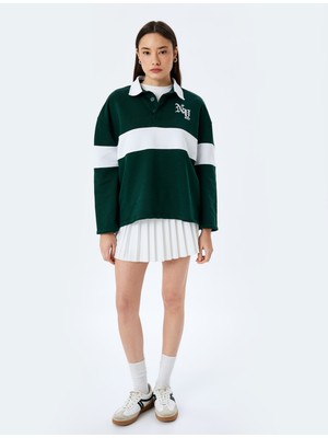 Koton Polo Yaka Nakışlı Düğmeli Renk Bloklu Oversize Sweatshirt