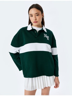 Koton Polo Yaka Nakışlı Düğmeli Renk Bloklu Oversize Sweatshirt