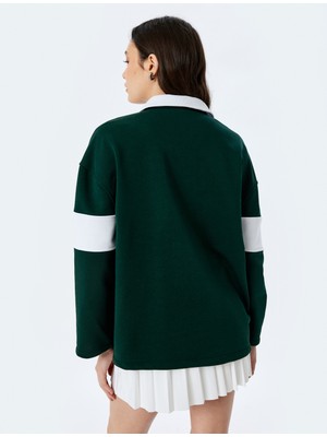 Koton Polo Yaka Nakışlı Düğmeli Renk Bloklu Oversize Sweatshirt