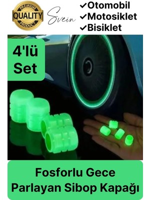 Svein Özel Üretim Yeşil Fosforlu Sibop Kapağı 4 Set Tüm Araçlarla Uyumlu Gece Parlayan Sibob Jant Tekerlek