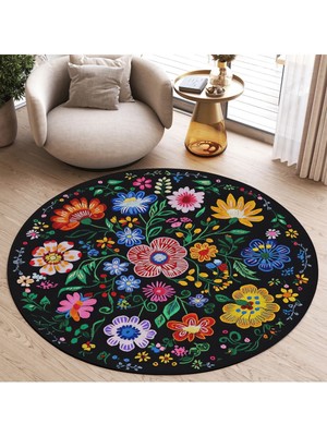 Kilim Home Mars 218 Siyah Çiçekli Yuvarlak Dokuma Taban Salon Halısı