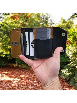 Cy Leather Selestia Camel Siyah Hakiki Deri Erkek Kartlık Cüzdan El Yapımı Deri Cüzdan