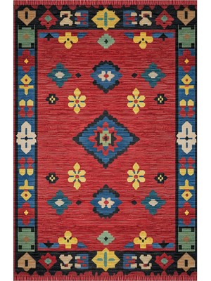 Kilim Home Kırmızı Etnik Desenli Saçaklı Vintage Modern Salon Halısı Mutfak Halısı Yolluk Otantik Halı Mars 222