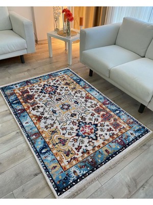 Kilim Home Mars Halı 100 Mavi Tonlarında Klasık Dekoratif Halı Salon Halısı Saçaklı Yıkanabilen Halı