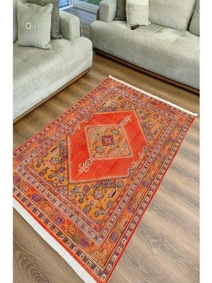 Kilim Home Mars 76 Turuncu Tonlarında Dekoratif Salon Halısı Saçaklı Yıkanabilen Halı