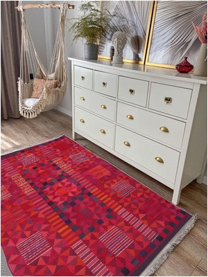 Kilim Home Mars 119 Etnik Otantik Kırmızı Tonda Dekoratif Salon Halısı Saçaklı Yıkanabilen Halı