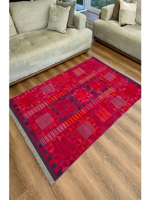 Kilim Home Mars 119 Etnik Otantik Kırmızı Tonda Dekoratif Salon Halısı Saçaklı Yıkanabilen Halı