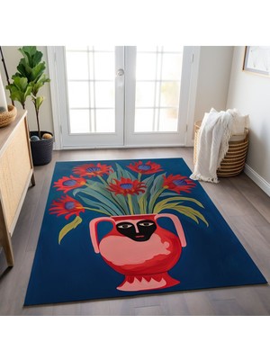 Kilim Home Mars 157 Mavi Vazoda Çiçek ve Yüz Figürlü Dokuma Taban Halı