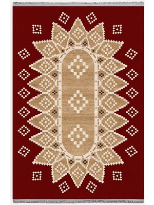 Kilim Home MARS107 Kırmızı Tonlarında Klasık Dekoratif Kilim Salon Halısı Saçaklı Yıkanabilen Halı