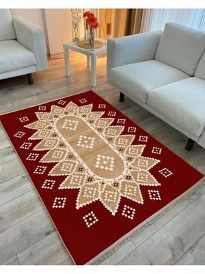 Kilim Home MARS107 Kırmızı Tonlarında Klasık Dekoratif Kilim Salon Halısı Saçaklı Yıkanabilen Halı