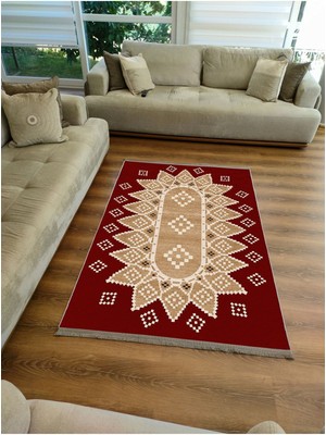 Kilim Home MARS107 Kırmızı Tonlarında Klasık Dekoratif Kilim Salon Halısı Saçaklı Yıkanabilen Halı