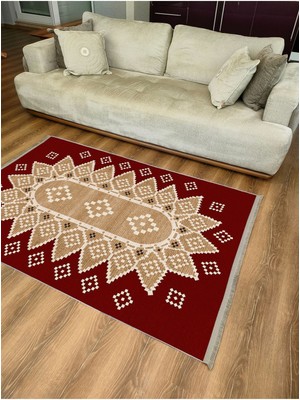 Kilim Home MARS107 Kırmızı Tonlarında Klasık Dekoratif Kilim Salon Halısı Saçaklı Yıkanabilen Halı