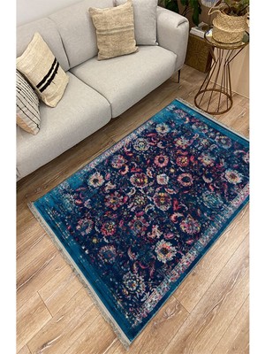 Kilim Home Mars Halı 96 Lacivert Tonlarında Klasık Dekoratif Halı Salon Halısı Saçaklı Yıkanabilen Halı