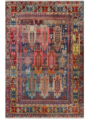 Kilim Home MARS73 Fuşya Tonlarında Klasik Salon Halısı Saçaklı Yıkanabilen Dekoratif Halı