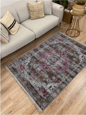 Kilim Home Mars 84 Gri Tonlarında Klasik Temalı Dekoratif Salon Halısı Saçaklı Yıkanabilen Halı