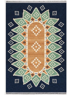 Kilim Home MARS114 Mavi Tonlarında Klasık Dekoratif Kilim Salon Halısı Saçaklı Yıkanabilen Halı