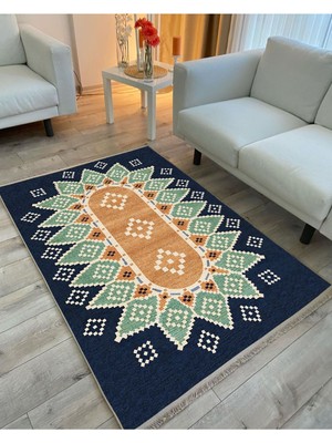 Kilim Home MARS114 Mavi Tonlarında Klasık Dekoratif Kilim Salon Halısı Saçaklı Yıkanabilen Halı