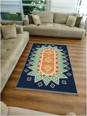 Kilim Home MARS114 Mavi Tonlarında Klasık Dekoratif Kilim Salon Halısı Saçaklı Yıkanabilen Halı