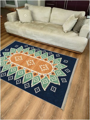 Kilim Home MARS114 Mavi Tonlarında Klasık Dekoratif Kilim Salon Halısı Saçaklı Yıkanabilen Halı