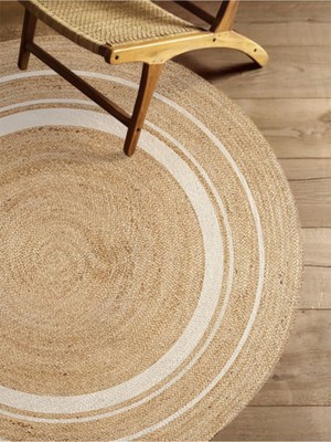 Kilim Home Boho 991 Natural Jüt Görünümlü Desen Üzerine Beyaz Halkalar Yuvarlak Natural Çift Taraflı Halı