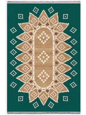 Kilim Home MARS106 Yeşil Tonlarında Klasık Dekoratif Salon Halısı Saçaklı Yıkanabilen Halı