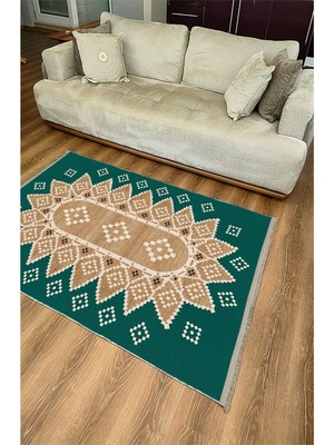 Kilim Home MARS106 Yeşil Tonlarında Klasık Dekoratif Salon Halısı Saçaklı Yıkanabilen Halı