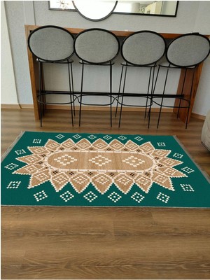 Kilim Home MARS106 Yeşil Tonlarında Klasık Dekoratif Salon Halısı Saçaklı Yıkanabilen Halı