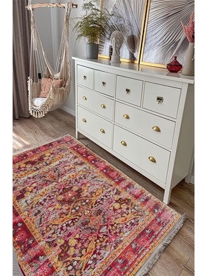 Kilim Home Mars 93 Fuşya Tonlarında Klasık Dekoratif Kilim Salon Halısı Saçaklı Yıkanabilen Halı