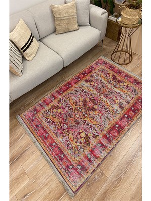 Kilim Home Mars 93 Fuşya Tonlarında Klasık Dekoratif Kilim Salon Halısı Saçaklı Yıkanabilen Halı