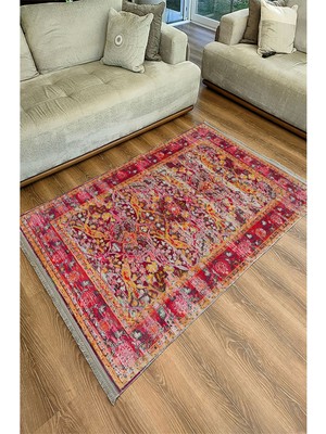 Kilim Home Mars 93 Fuşya Tonlarında Klasık Dekoratif Kilim Salon Halısı Saçaklı Yıkanabilen Halı