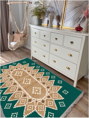 Kilim Home MARS106 Yeşil Tonlarında Klasık Dekoratif Salon Halısı Saçaklı Yıkanabilen Halı