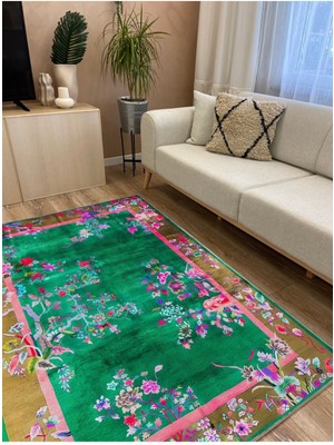 Kilim Home Mars 79 Yeşil Tonlarında Çiçek Temalı Dekoratif Salon Halısı Saçaklı Yıkanabilen Halı