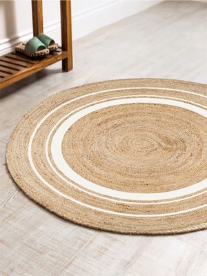 Kilim Home Boho 991 Natural Jüt Görünümlü Desen Üzerine Beyaz Halkalar Yuvarlak Natural Çift Taraflı Halı