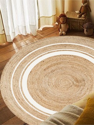 Kilim Home Boho 991 Natural Jüt Görünümlü Desen Üzerine Beyaz Halkalar Yuvarlak Natural Çift Taraflı Halı