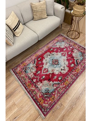 Kilim Home Mars Halı98 Fuşya Tonlarında Klasık Dekoratif Halı Salon Halısı Saçaklı Yıkanabilen Halı