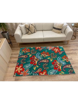 Kilim Home Mars 10 Yeşil Tonlarında Çiçekli Modern Stil Geniş Alan Halısı Yıkanabilen Dekoratif Halı