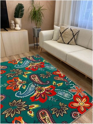 Kilim Home Mars 10 Yeşil Tonlarında Çiçekli Modern Stil Geniş Alan Halısı Yıkanabilen Dekoratif Halı